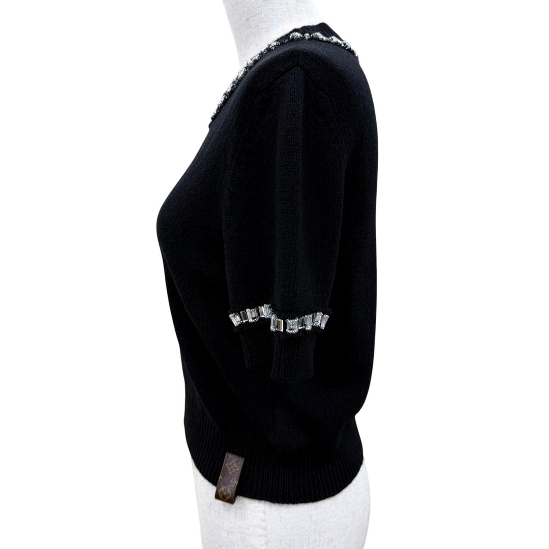 Great LOUIS VUITTON Short sleeve knit Beaded Monogram black cashmere Women S