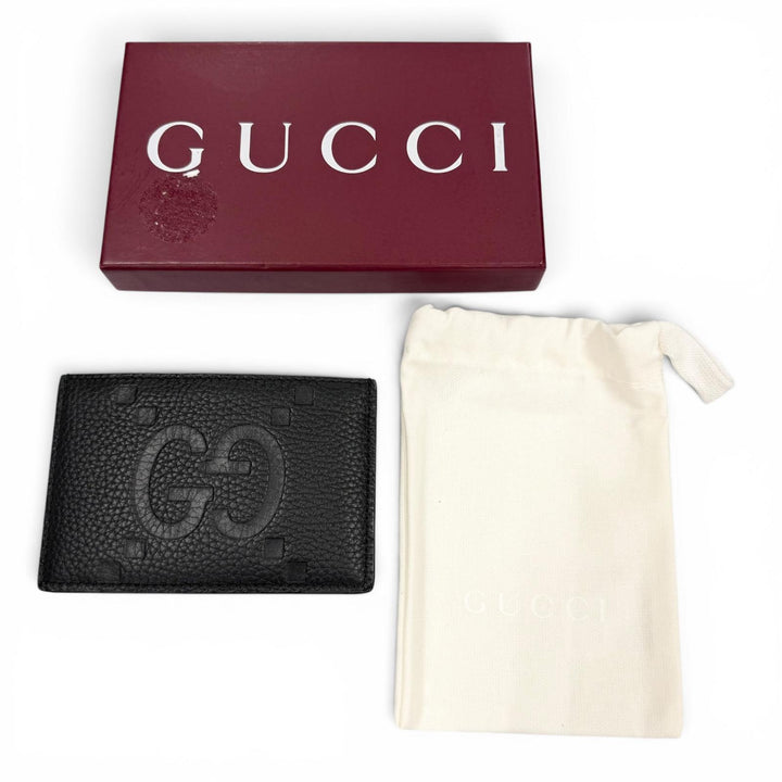Excellent GUCCI Card Case Maxi GG Pass Case black leather mens 812681