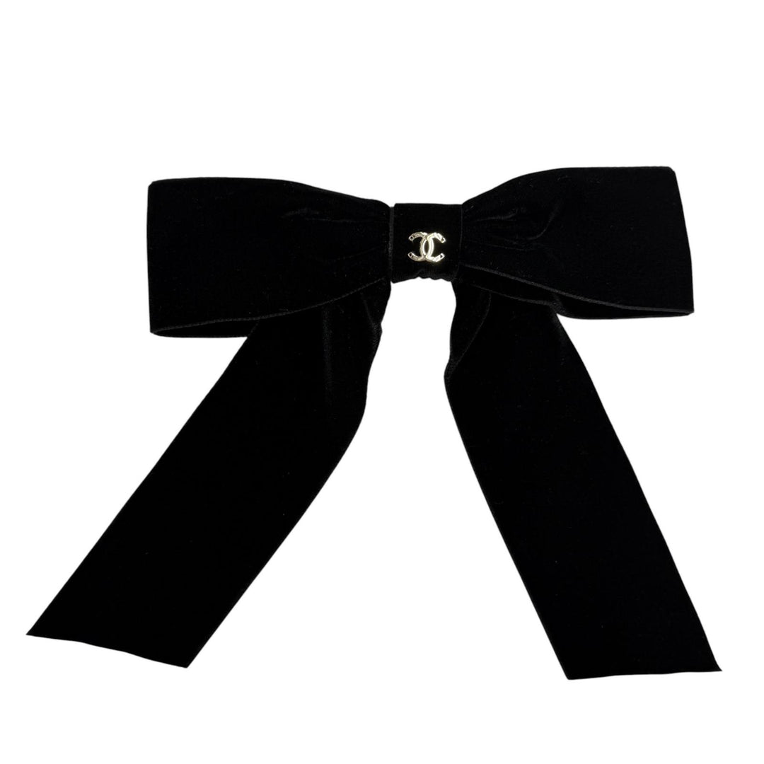 Excellent CHANEL Valletta COCO Mark Big Ribbon Velour Hair Accessory black 25V