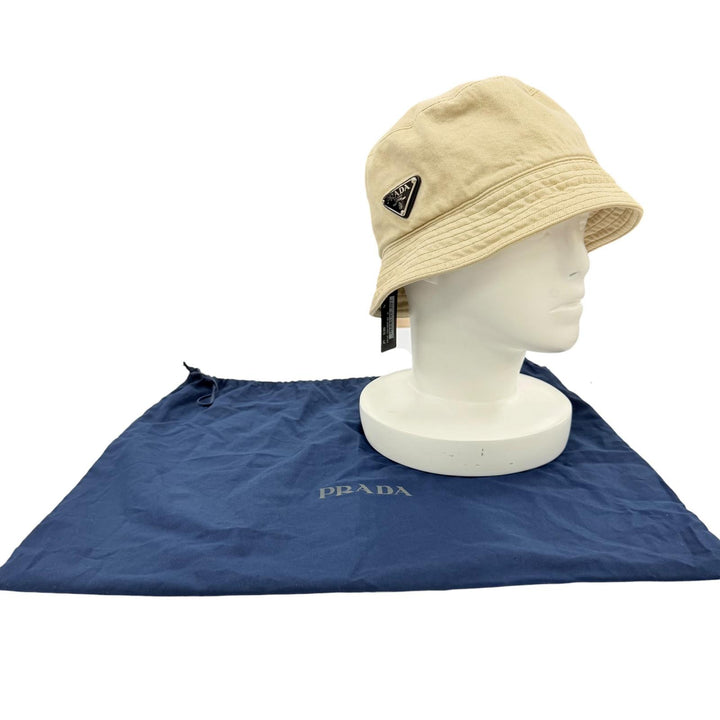 Pristine PRADA hat Triangle Bucket Hat with Logo beige cotton Women L 2HC137
