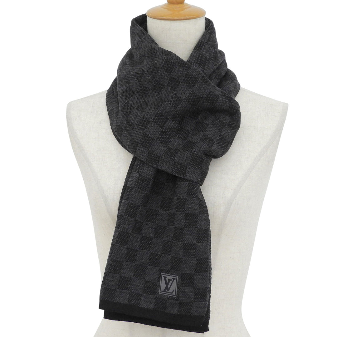 Great LOUIS VUITTON Scarf Escalp Petit Damier Logo patch black wool mens M70028