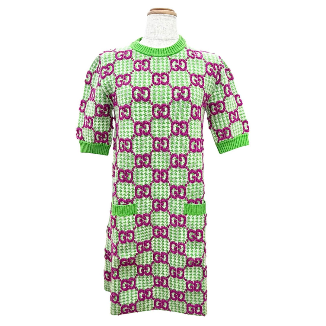Excellent GUCCI one piece GG pattern short sleeve knit green wool XS 731014