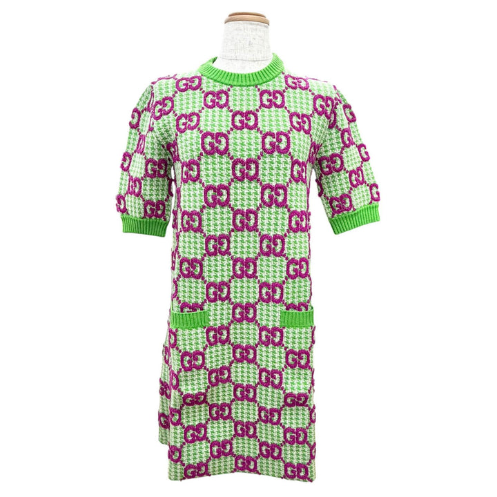 Excellent GUCCI one piece GG pattern short sleeve knit green wool XS 731014