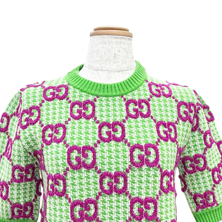 Excellent GUCCI one piece GG pattern short sleeve knit green wool XS 731014