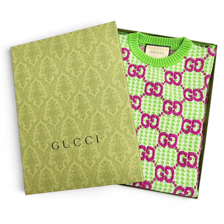 Excellent GUCCI one piece GG pattern short sleeve knit green wool XS 731014