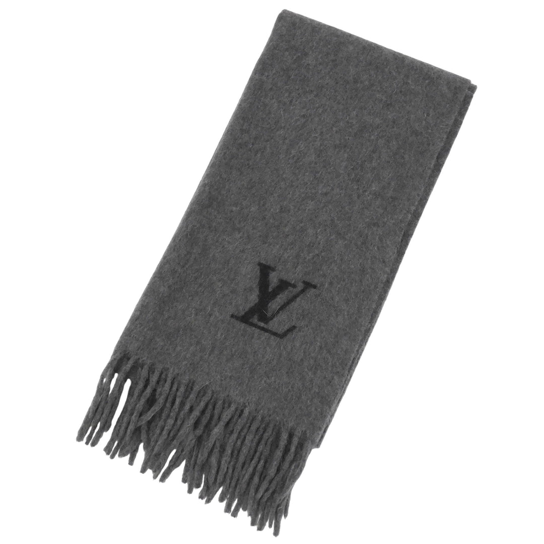 Great LOUIS VUITTON Scarf LV embroidered fringe gray cashmere mens