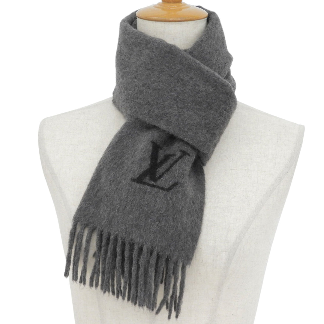 Great LOUIS VUITTON Scarf LV embroidered fringe gray cashmere mens