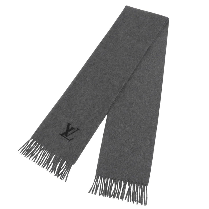 Great LOUIS VUITTON Scarf LV embroidered fringe gray cashmere mens