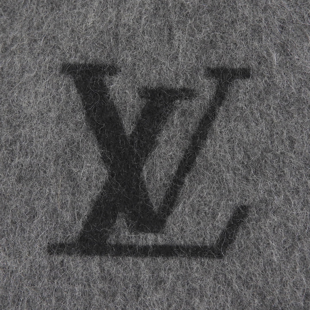 Great LOUIS VUITTON Scarf LV embroidered fringe gray cashmere mens