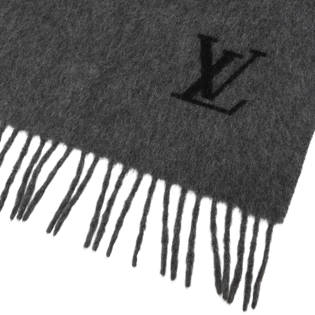 Great LOUIS VUITTON Scarf LV embroidered fringe gray cashmere mens