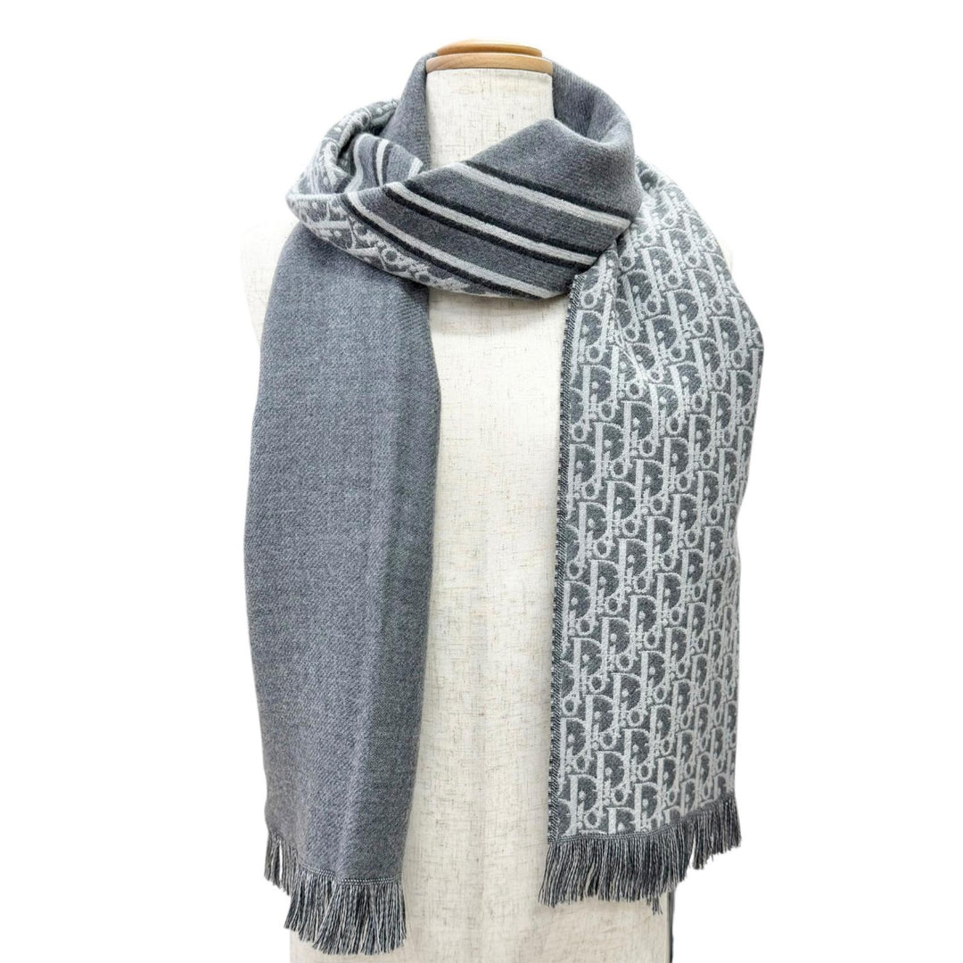 Great DIOR Scarf Trotter fringe long gray wool Women 18E0005A0479