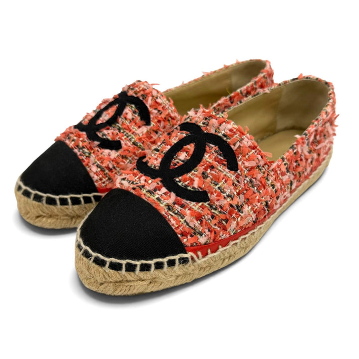 Great CHANEL Slip-on COCO Mark Ribbon Tweed Espadrilles pink ー Women 36 G29762