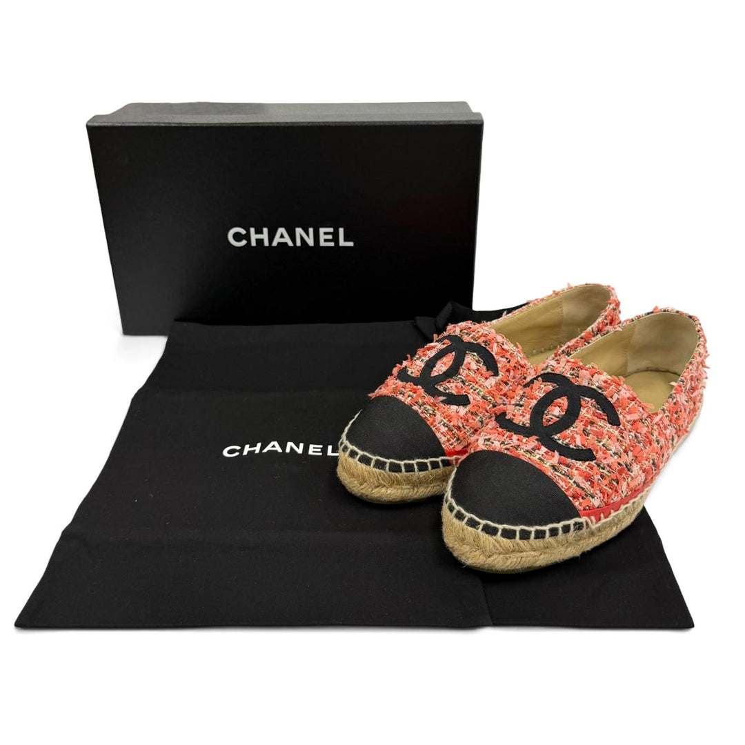 Great CHANEL Slip-on COCO Mark Ribbon Tweed Espadrilles pink ー Women 36 G29762