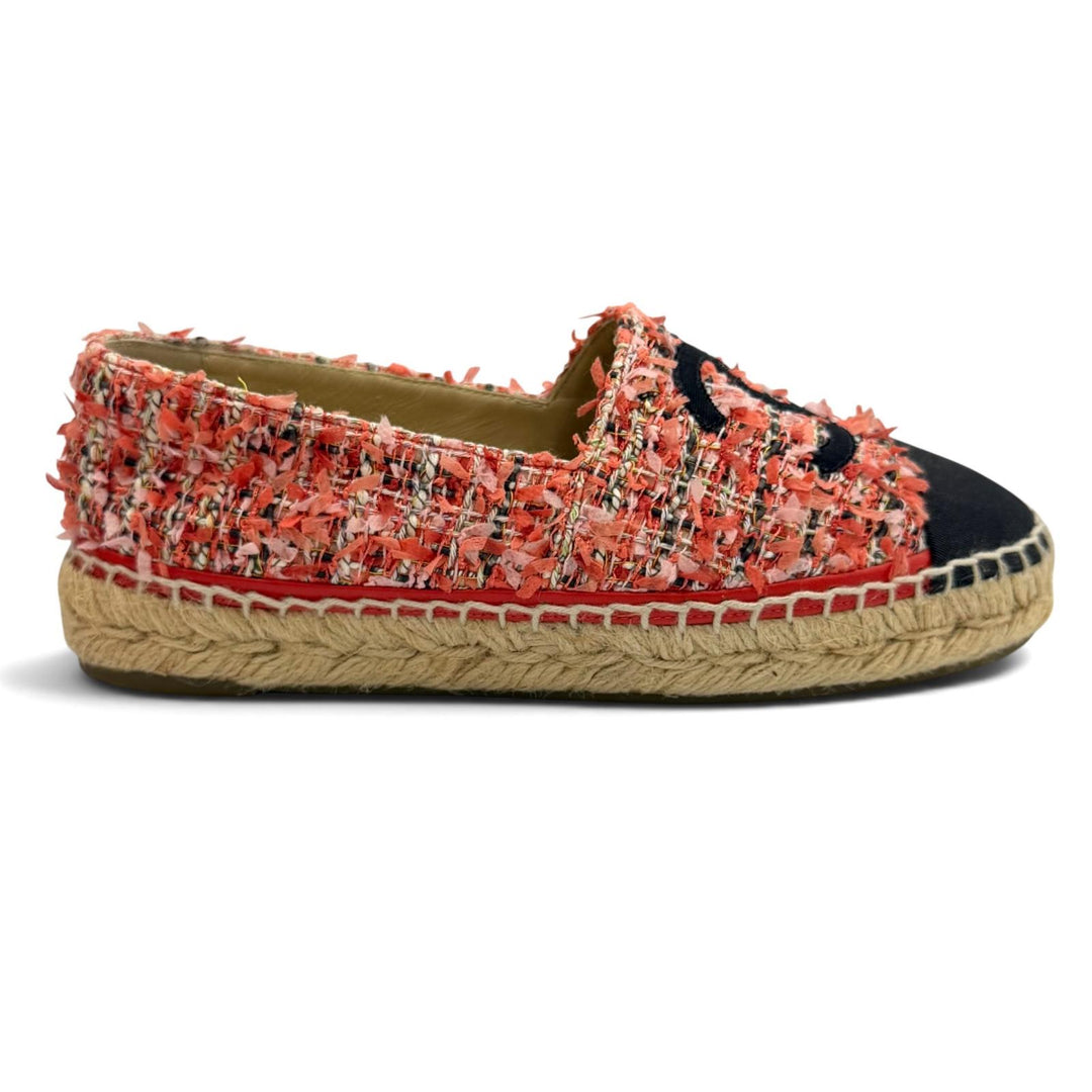 Great CHANEL Slip-on COCO Mark Ribbon Tweed Espadrilles pink ー Women 36 G29762