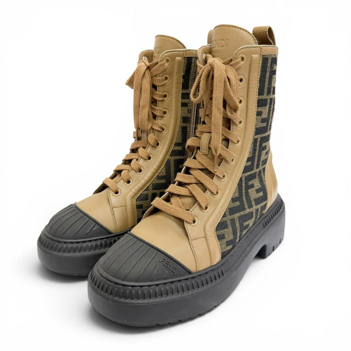 Excellent FENDI Domino Biker Boots ZUCCA Pattern FF Logo Side Zip Brown 36