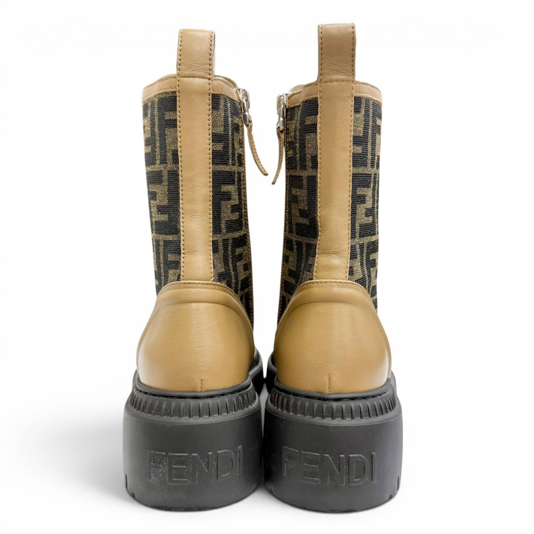Excellent FENDI Domino Biker Boots ZUCCA Pattern FF Logo Side Zip Brown 36