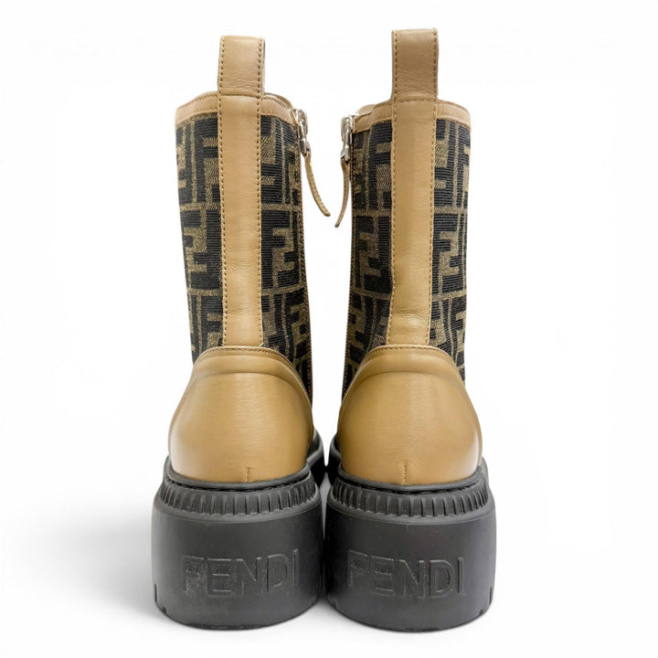 Excellent FENDI Domino Biker Boots ZUCCA Pattern FF Logo Side Zip Brown 36