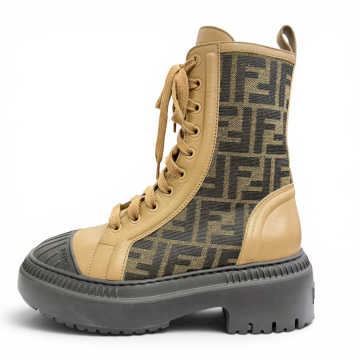 Excellent FENDI Domino Biker Boots ZUCCA Pattern FF Logo Side Zip Brown 36