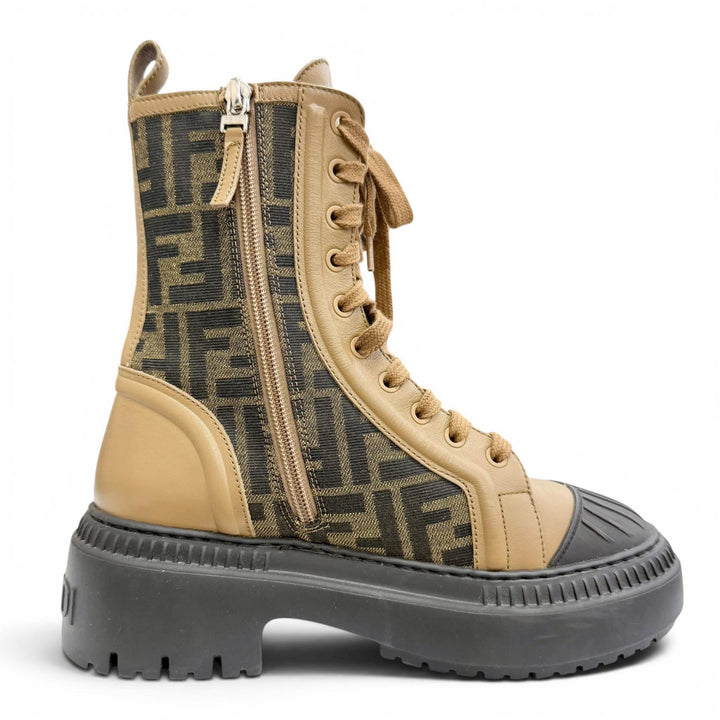 Excellent FENDI Domino Biker Boots ZUCCA Pattern FF Logo Side Zip Brown 36