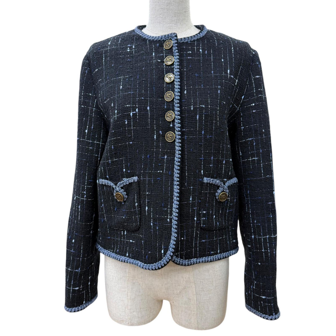 Excellent ETRO collarless jacket Logo button tweed black cotton Women 40