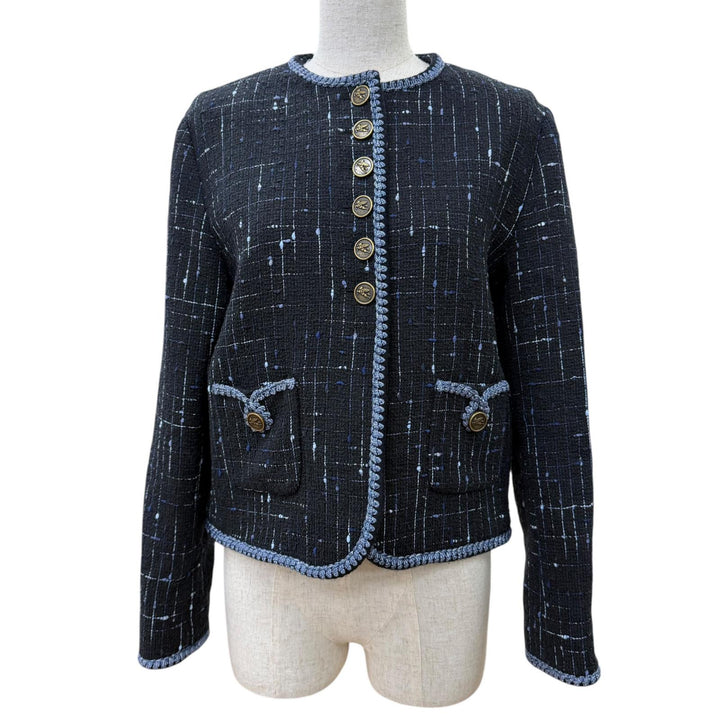 Excellent ETRO collarless jacket Logo button tweed black cotton Women 40