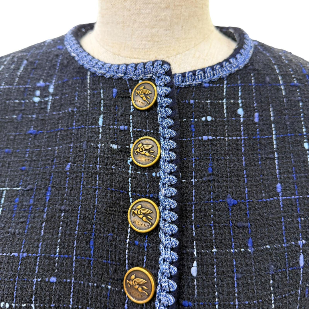 Excellent ETRO collarless jacket Logo button tweed black cotton Women 40