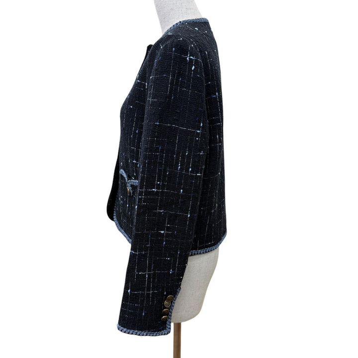 Excellent ETRO collarless jacket Logo button tweed black cotton Women 40
