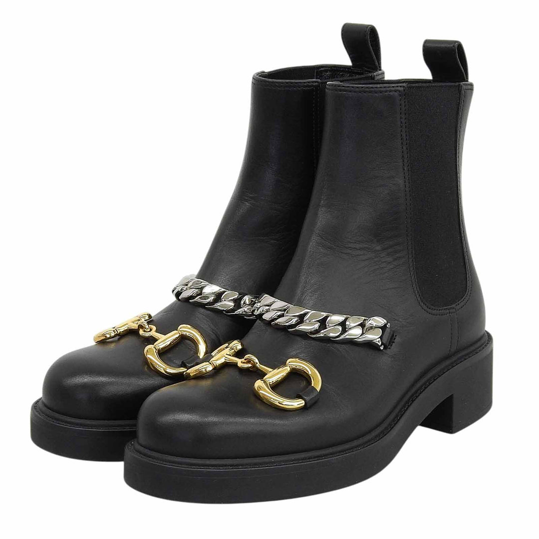 Excellent GUCCI boots Horsebit Gourmet Chain Chelsea black leather 35.5 670393