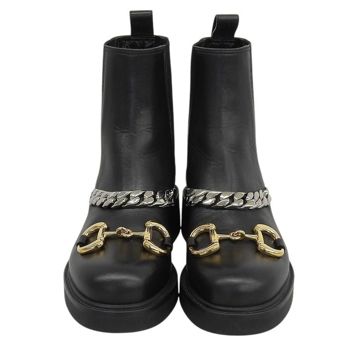 Excellent GUCCI boots Horsebit Gourmet Chain Chelsea black leather 35.5 670393