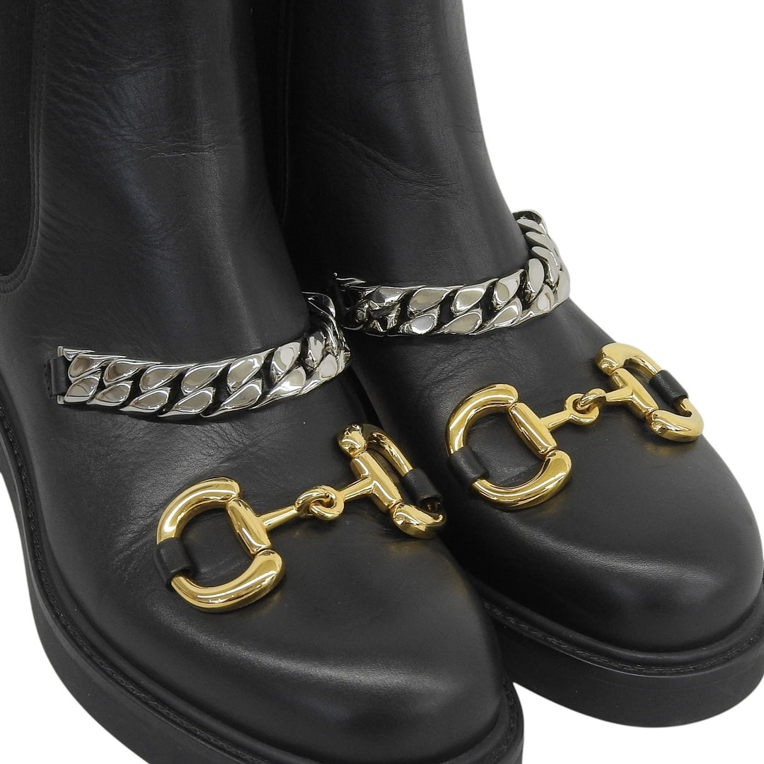 Excellent GUCCI boots Horsebit Gourmet Chain Chelsea black leather 35.5 670393