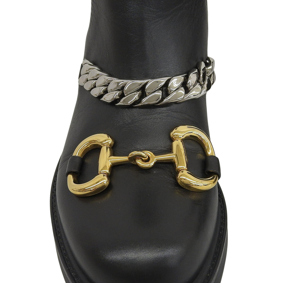 Excellent GUCCI boots Horsebit Gourmet Chain Chelsea black leather 35.5 670393