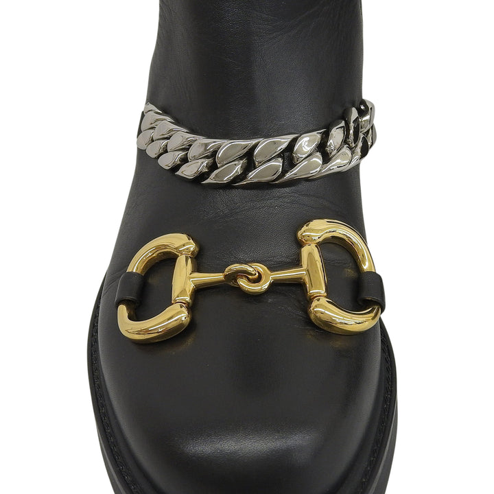 Excellent GUCCI boots Horsebit Gourmet Chain Chelsea black leather 35.5 670393