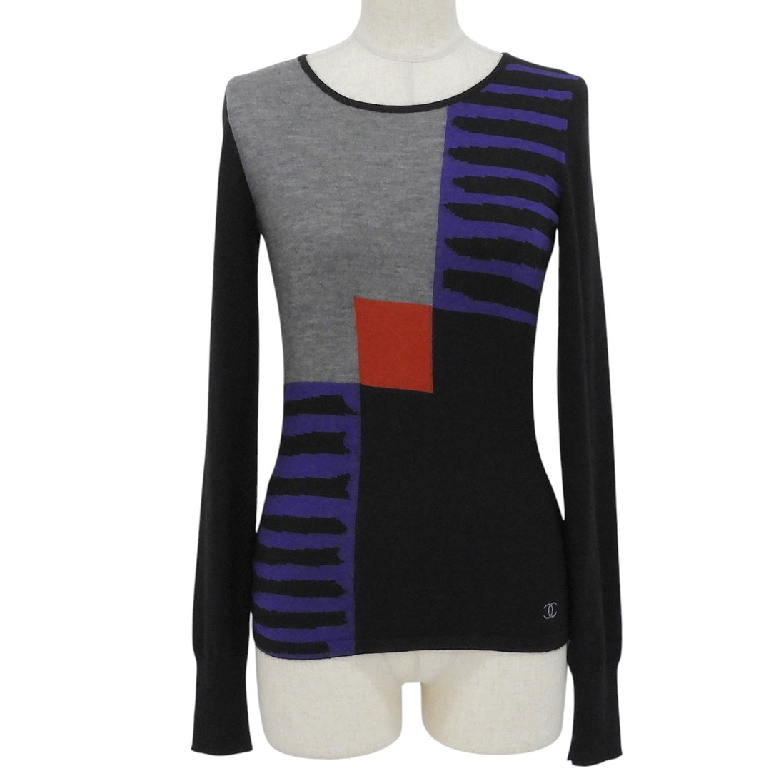 Excellent CHANEL knit COCO Mark embroidered logo sweater black 34 08A P33506