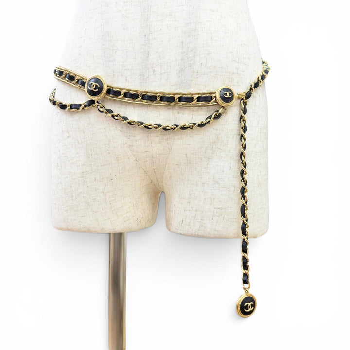 Great CHANEL belt COCO Mark Clover Leather Chain gold leather Women