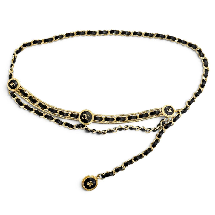 Great CHANEL belt COCO Mark Clover Leather Chain gold leather Women