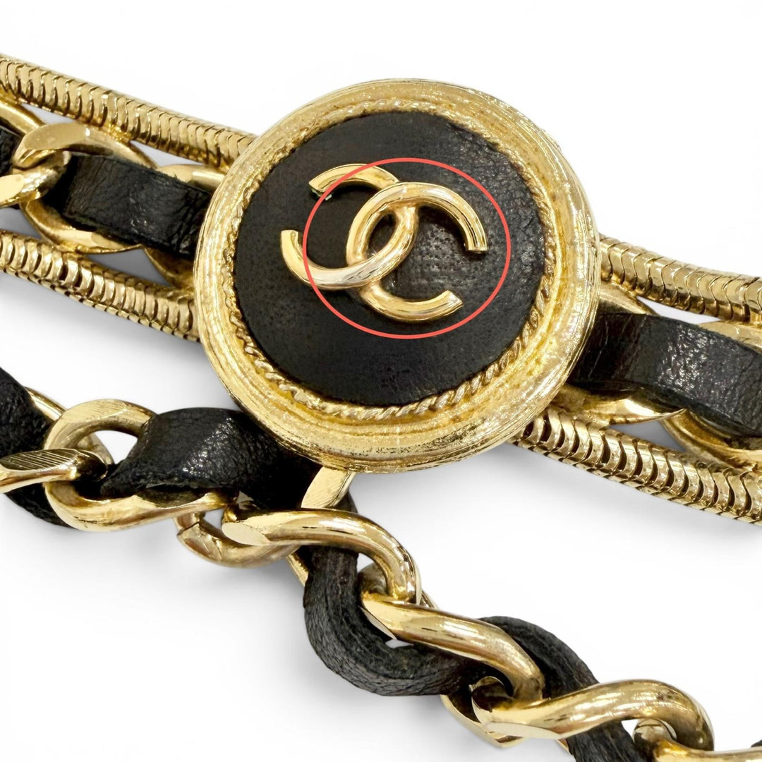 Great CHANEL belt COCO Mark Clover Leather Chain gold leather Women