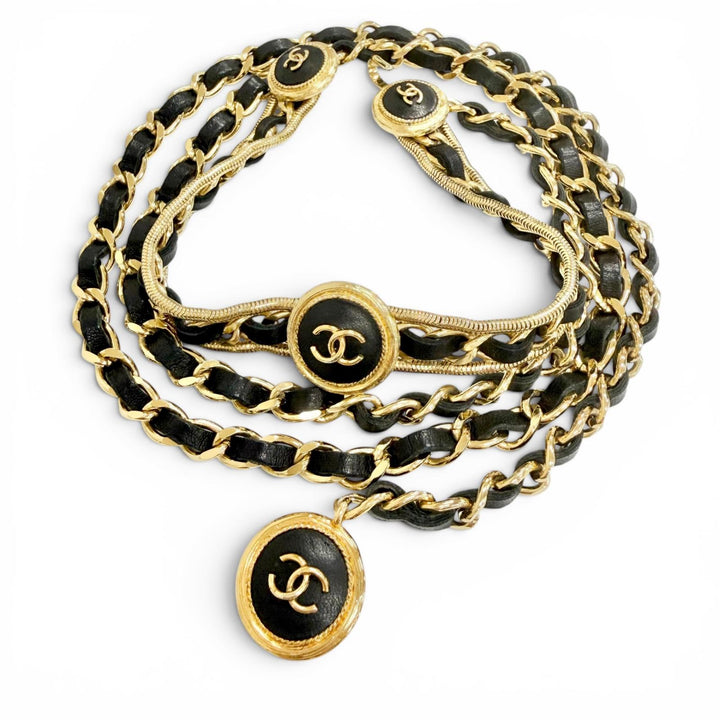 Great CHANEL belt COCO Mark Clover Leather Chain gold leather Women