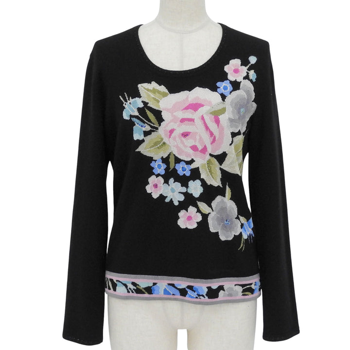 Great LEONARD knit Rhinestone Botanical Pattern Sweater black cashmere Women L