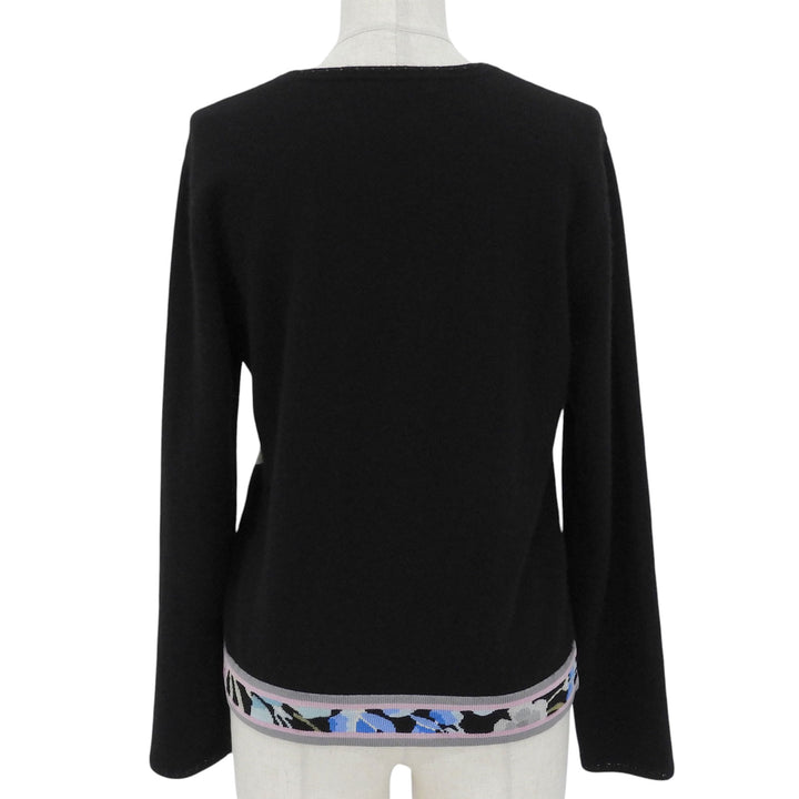 Great LEONARD knit Rhinestone Botanical Pattern Sweater black cashmere Women L
