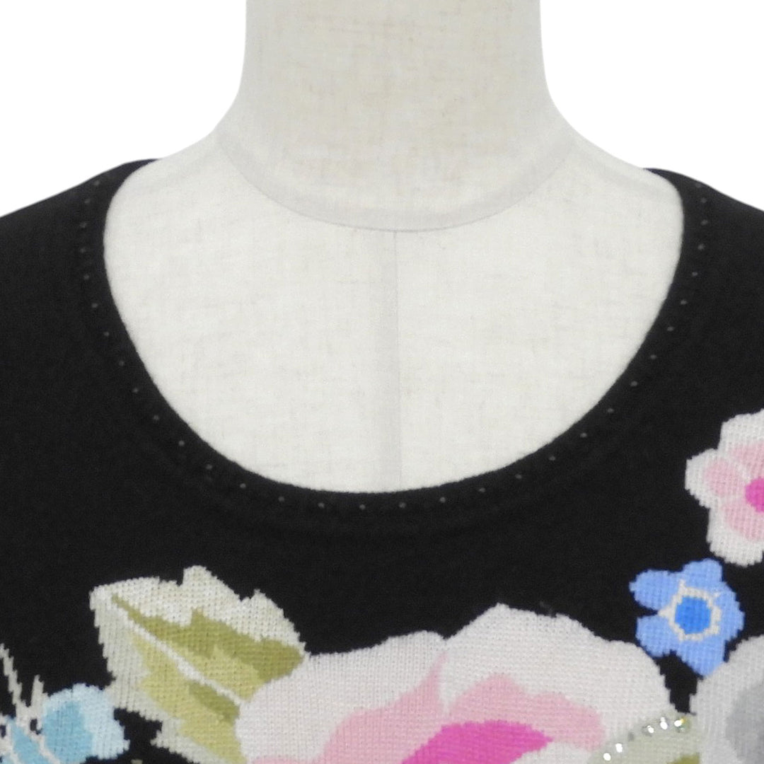 Great LEONARD knit Rhinestone Botanical Pattern Sweater black cashmere Women L