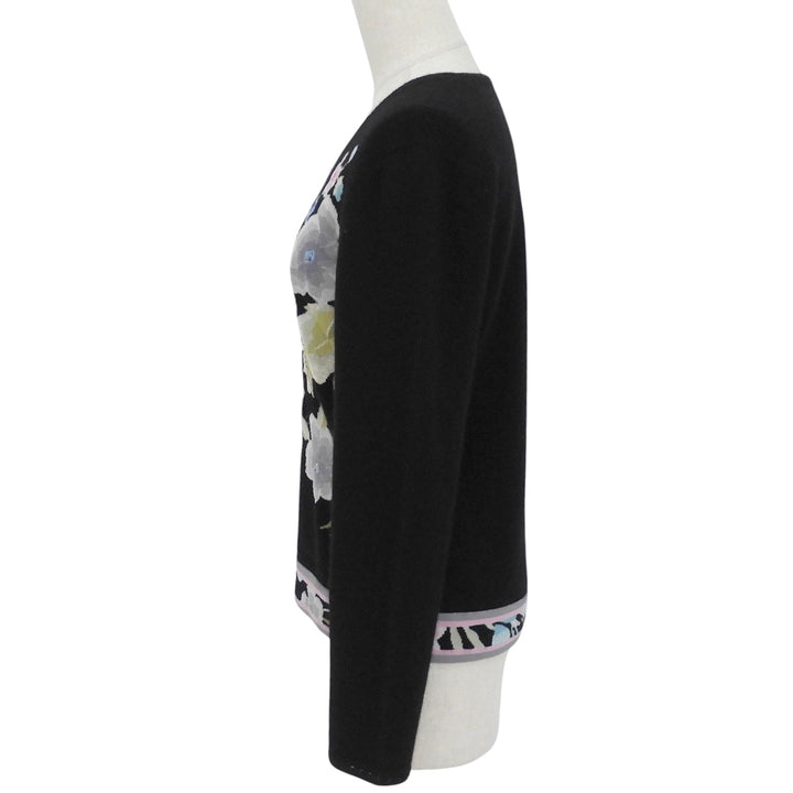 Great LEONARD knit Rhinestone Botanical Pattern Sweater black cashmere Women L