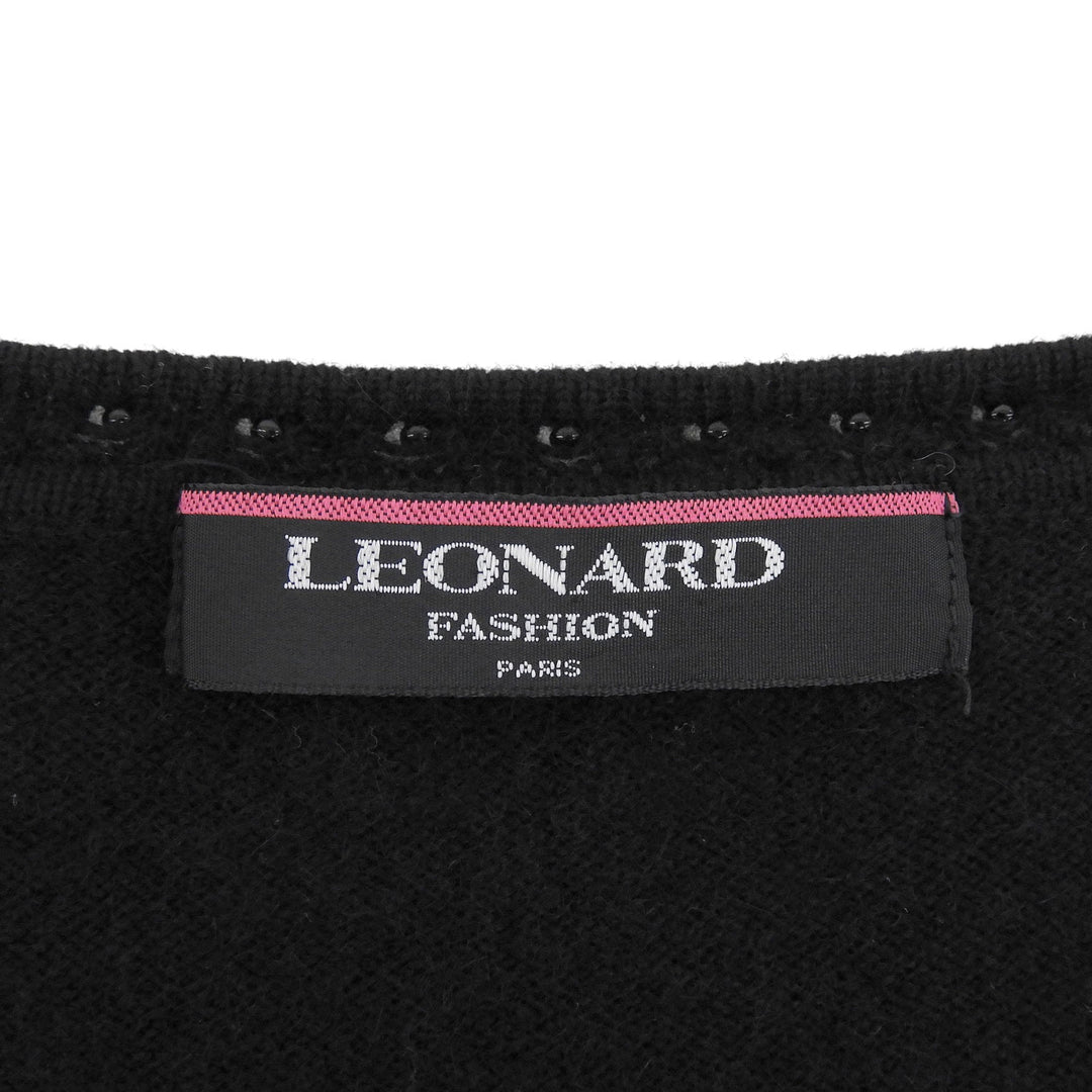 Great LEONARD knit Rhinestone Botanical Pattern Sweater black cashmere Women L