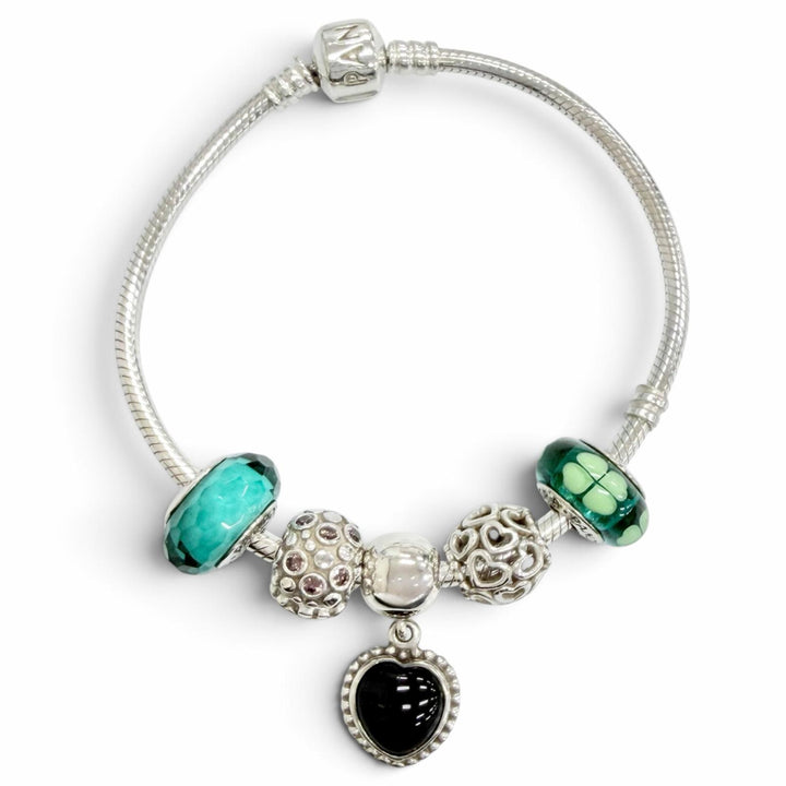 Great PANDORA bracelet Heart Clip Teal Faceted Murano Glass with 5 Charms 925
