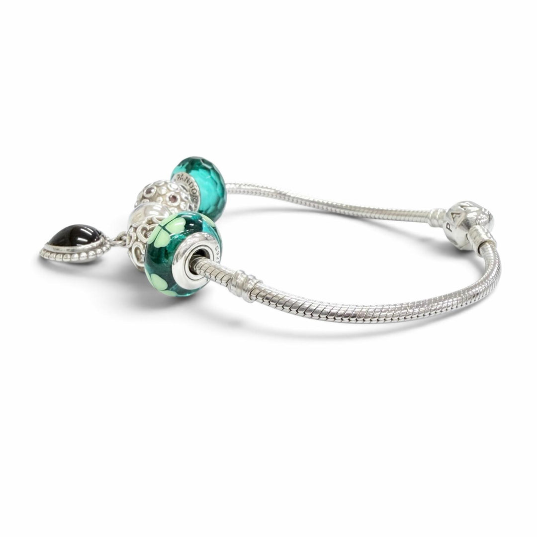 Great PANDORA bracelet Heart Clip Teal Faceted Murano Glass with 5 Charms 925