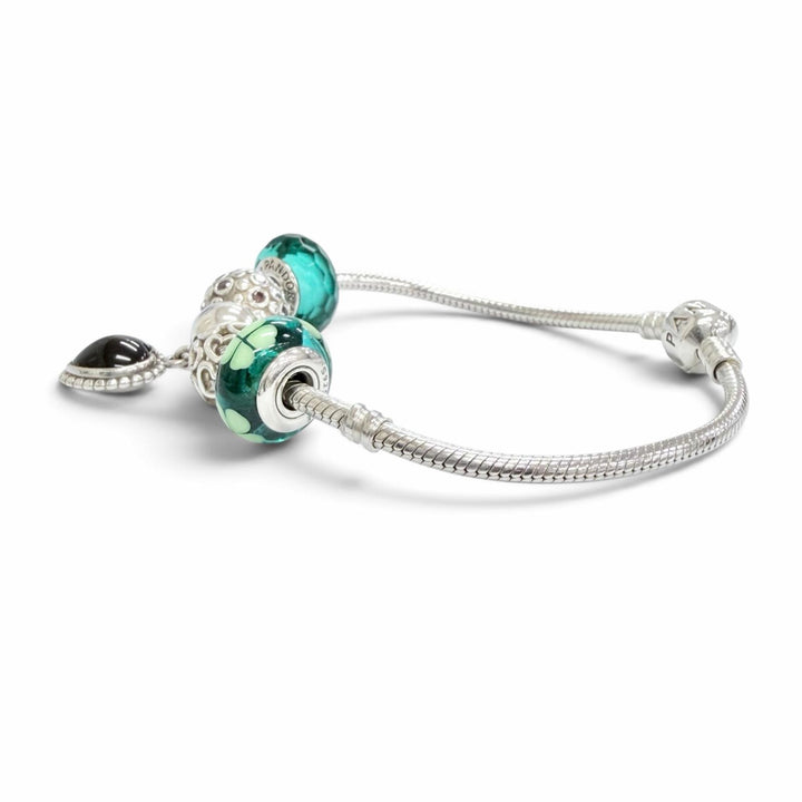 Great PANDORA bracelet Heart Clip Teal Faceted Murano Glass with 5 Charms 925