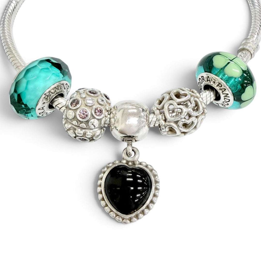 Great PANDORA bracelet Heart Clip Teal Faceted Murano Glass with 5 Charms 925