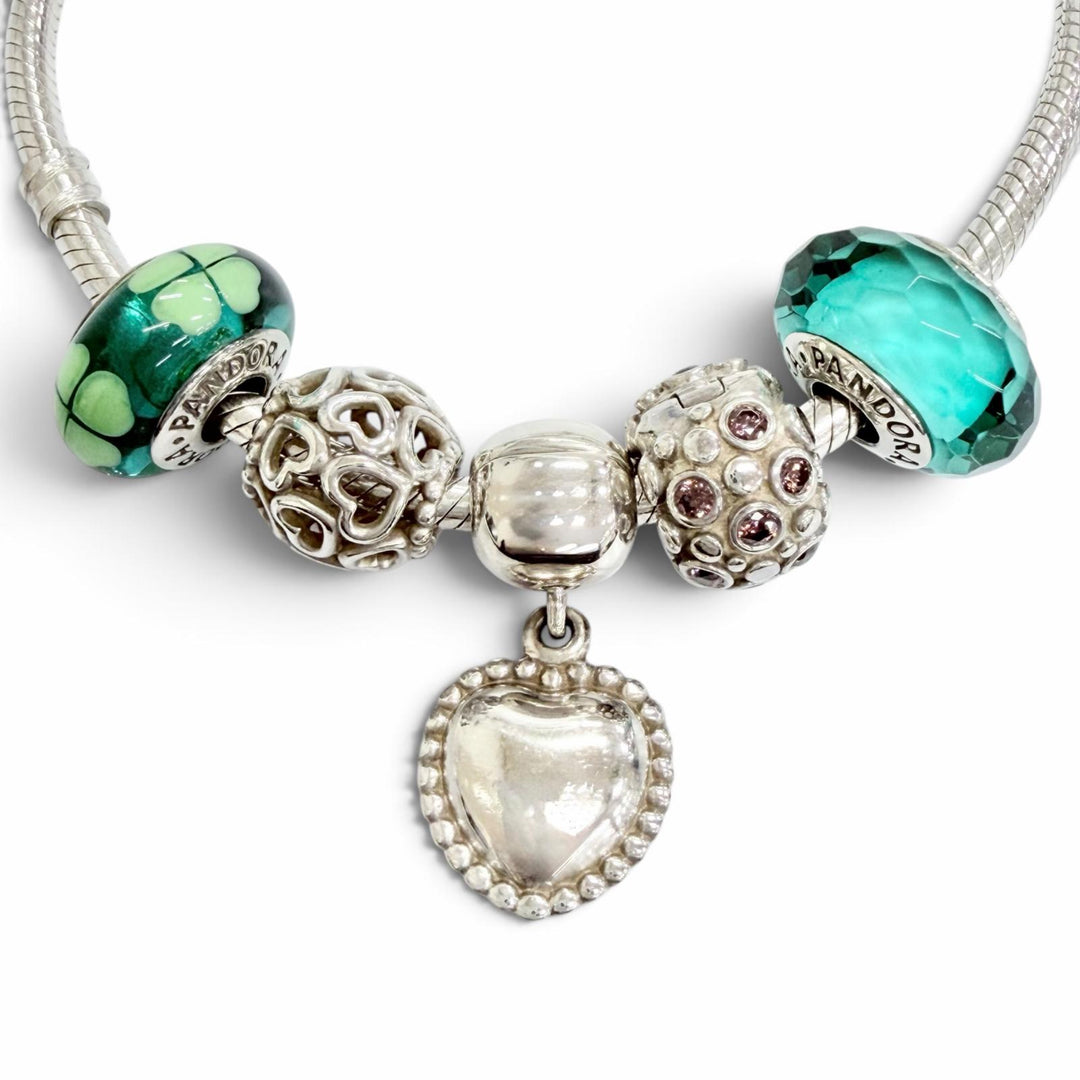 Great PANDORA bracelet Heart Clip Teal Faceted Murano Glass with 5 Charms 925