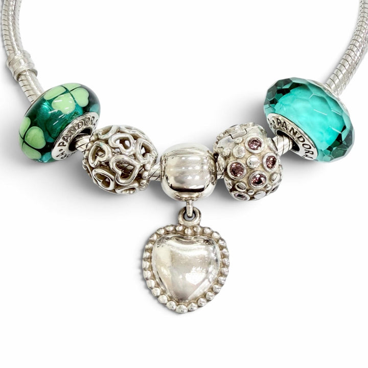 Great PANDORA bracelet Heart Clip Teal Faceted Murano Glass with 5 Charms 925