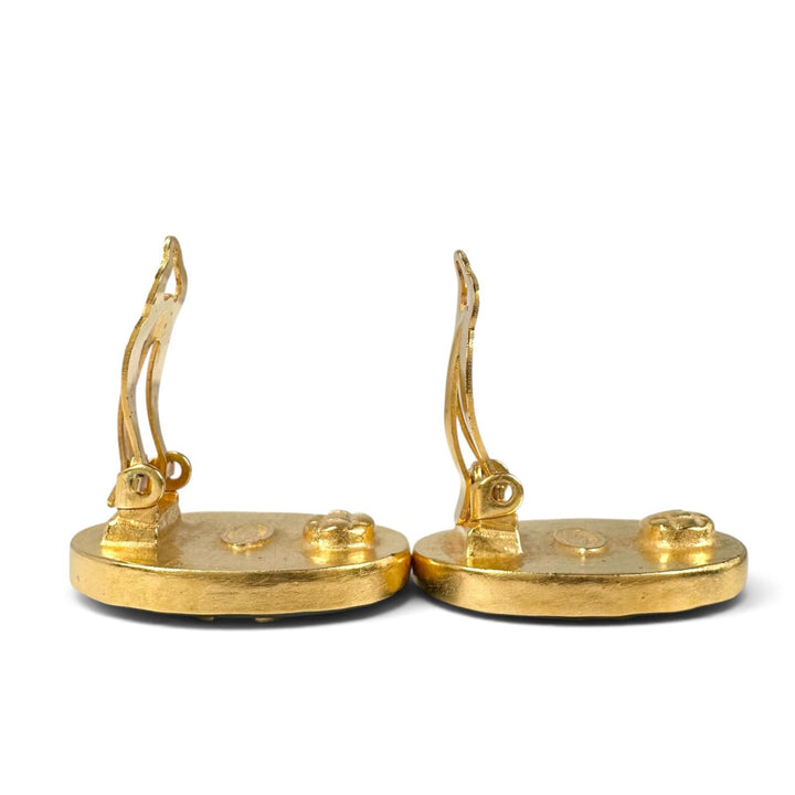 Great CHANEL Earring Oval-shaped COCO Mark Gripoa green Gold Plated Women 95A