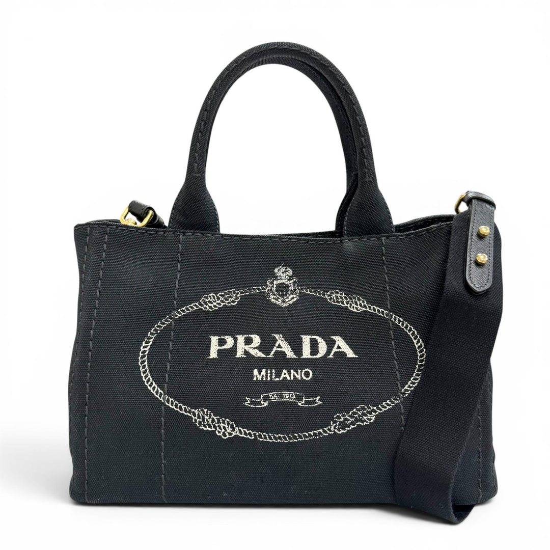 Great PRADA Tote Bag Canapa Triangle logo 2WAY Shoulder black canvas 1BG439